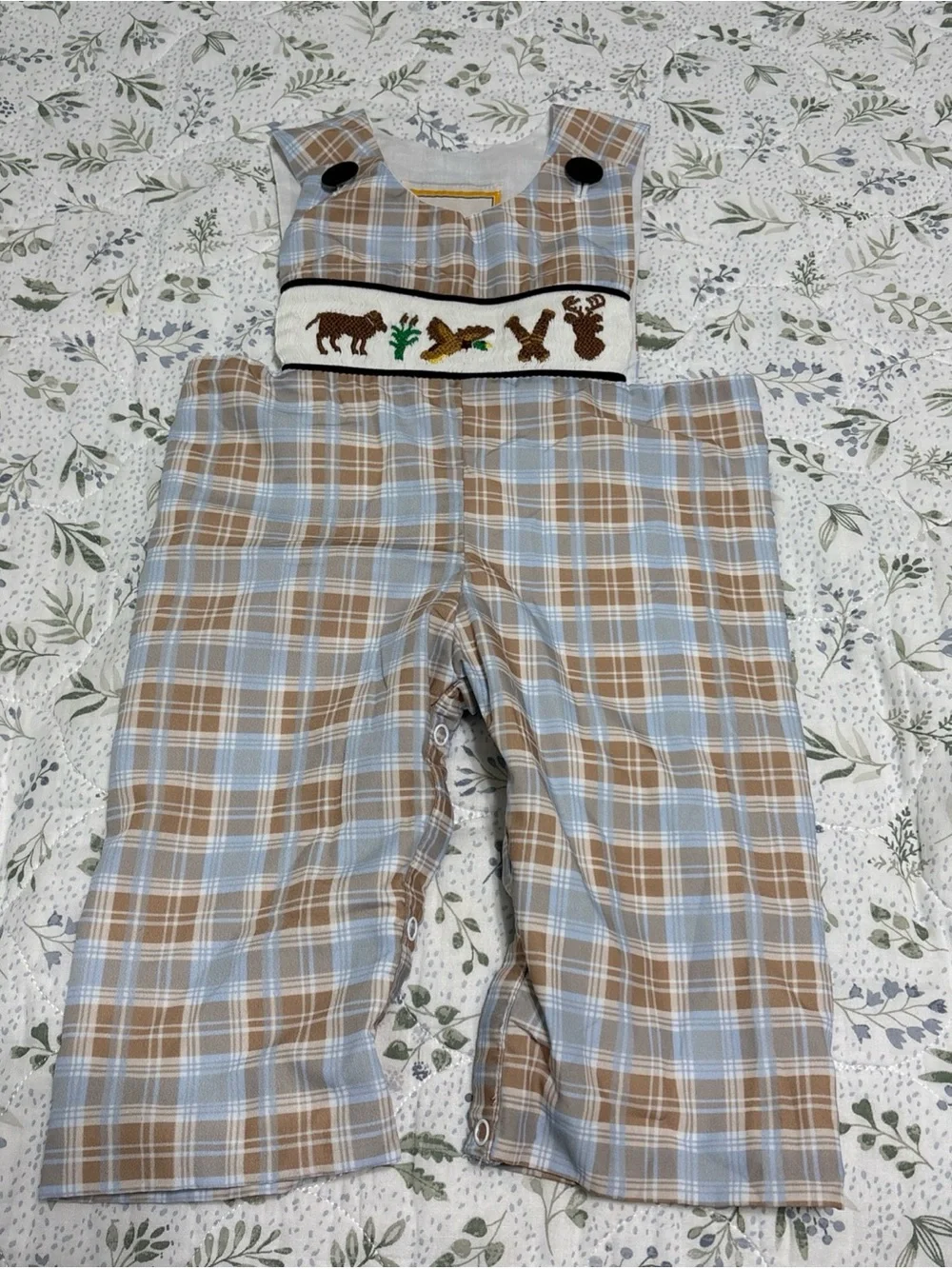 Smocked Plaid Woodland One-Piece Bodysuit - Light Blue & Brown